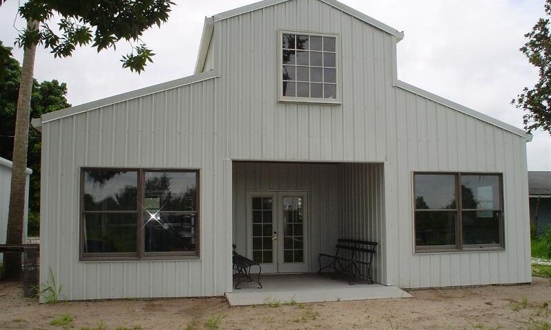 Exterior view of galvanized steel barndominiums in Surprise, Arizona showcasing modern design and rural charm