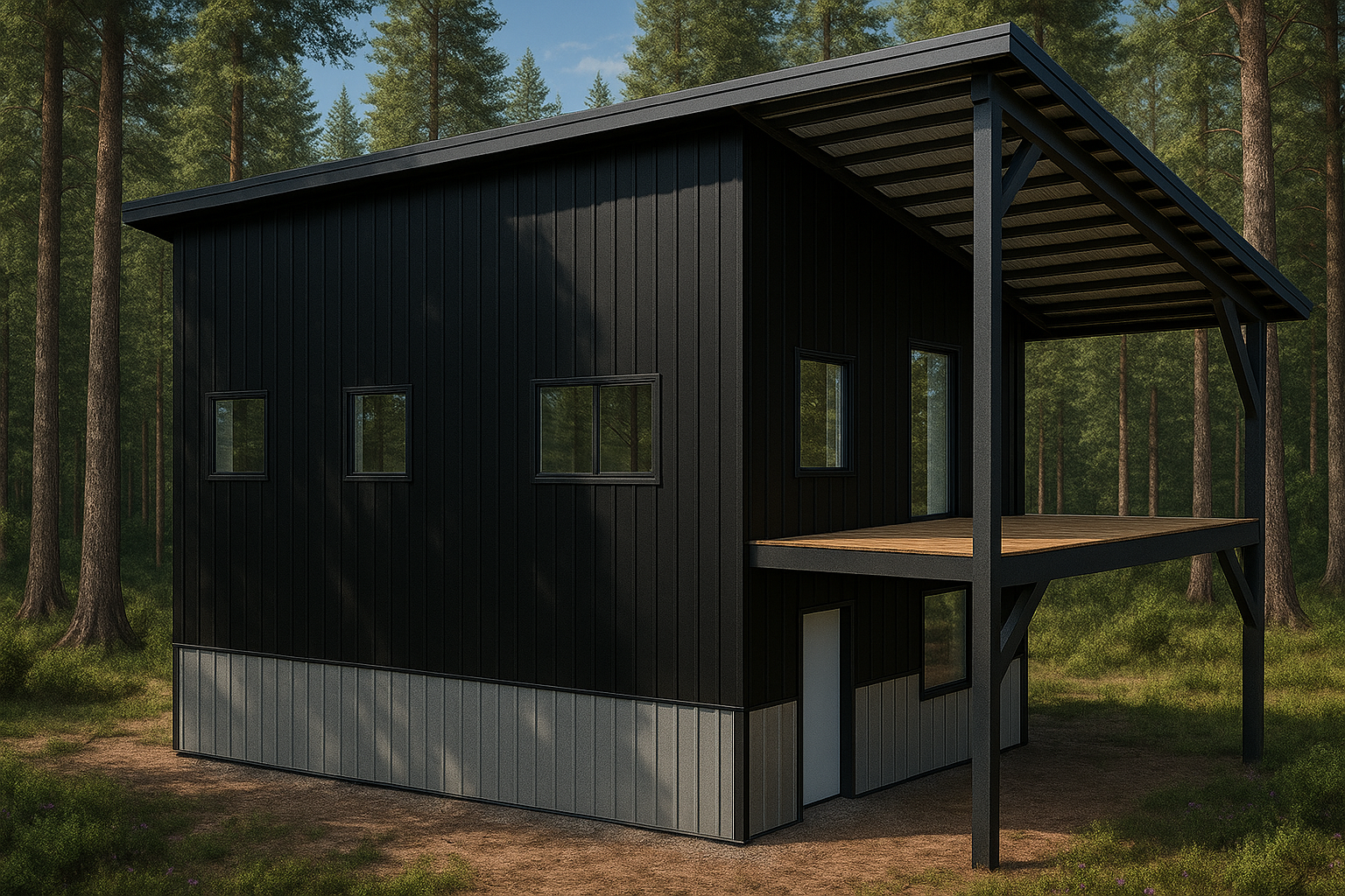 20 X 30 TALL SINGLE SLOPE 2 STORY CABIN KIT WITH COVERED PORCH (3)